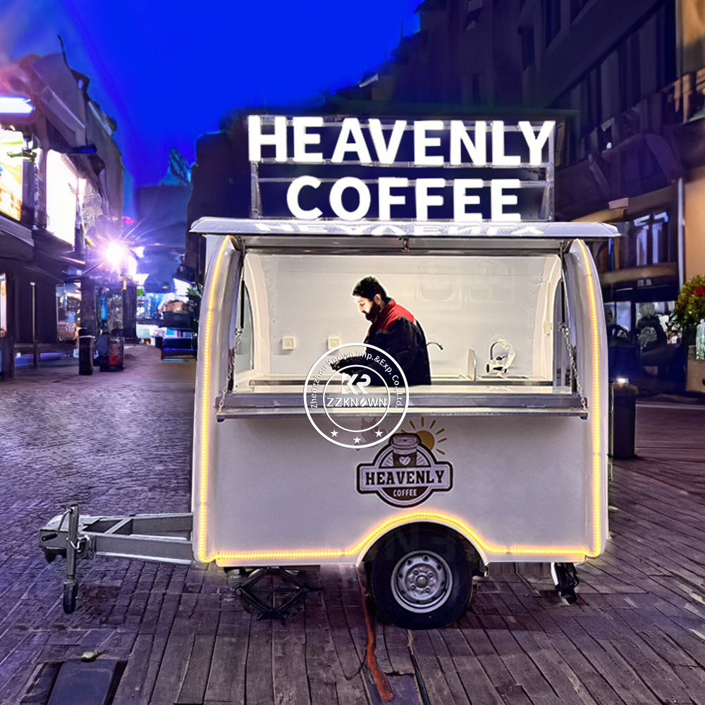 KN-FR-220B Round Mobile Food Truck Coffee Trailer Small Business Drink Bar with Heavenly Coffee Logo Light