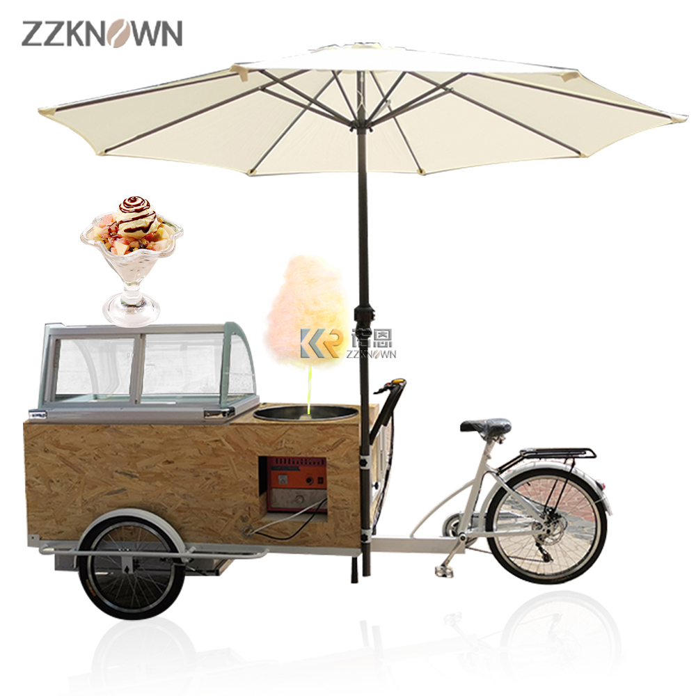Customize Food Cart Bike Cotton Candy Floss Machine Ice Cream Showcase Drinks Food Vending Carts for Sale