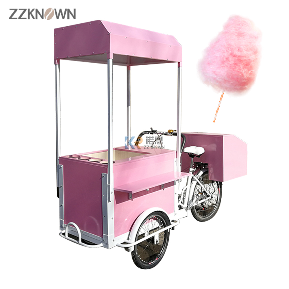 Pink Marshmallows Mobile Sweets Carts Street Garden Cart Food Delivery Bike Ice Cream Trailer with Cotton Candy Machine