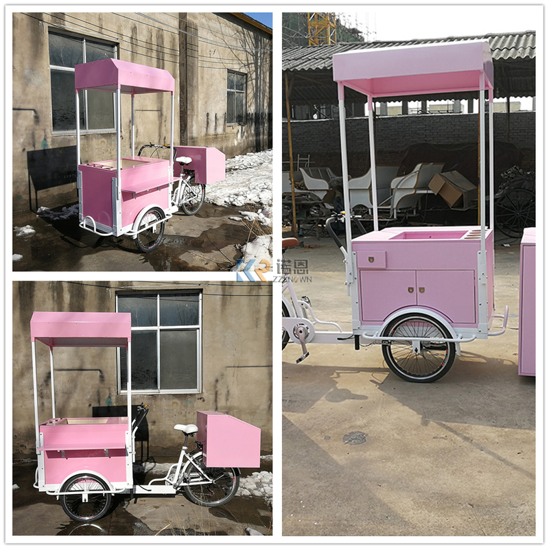 Pink Marshmallows Mobile Sweets Carts Street Garden Cart Food Delivery Bike Ice Cream Trailer with Cotton Candy Machine