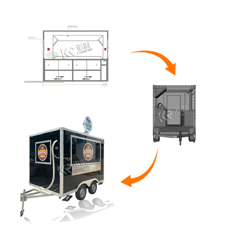 2.8M Black Square Food Trailer Equipped with Full Kitchen Food Truck Facilities with Light Plate And Customized Logo