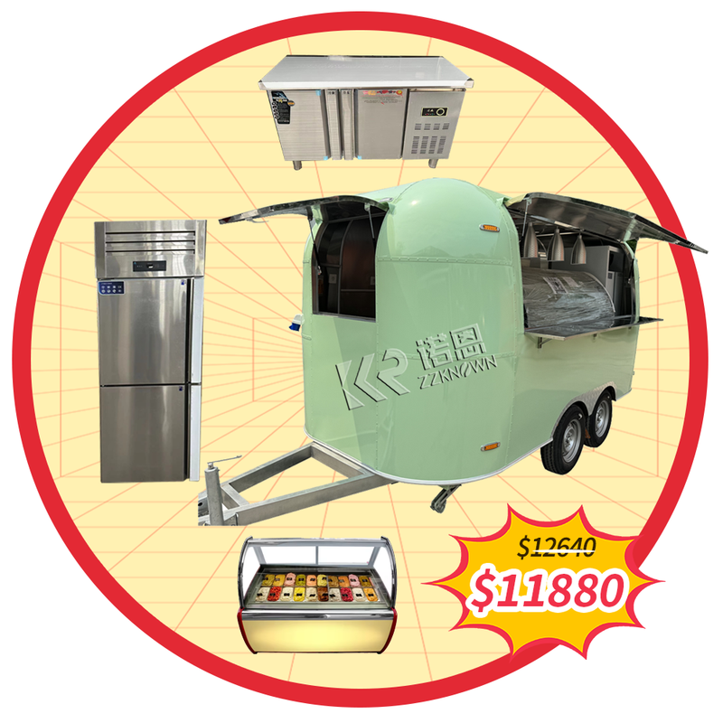 4m/13ft green airstream fast food truck Ice cream trailer mobile food trailer with Ice cream display cabinet, Freezer, Refrigerator, 