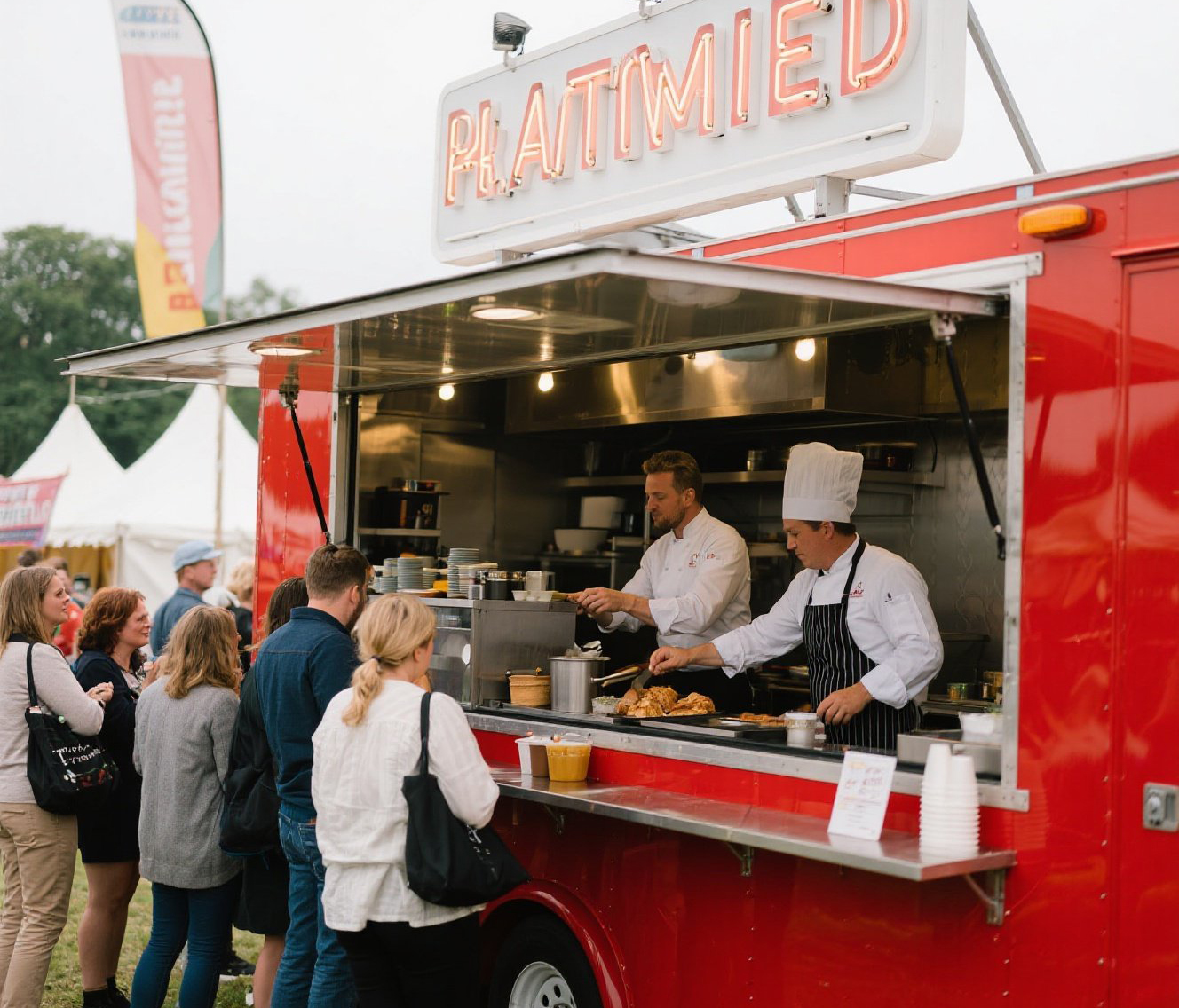 jimeng-2025-07-25-6386-A red food trailer parked at a festival,...