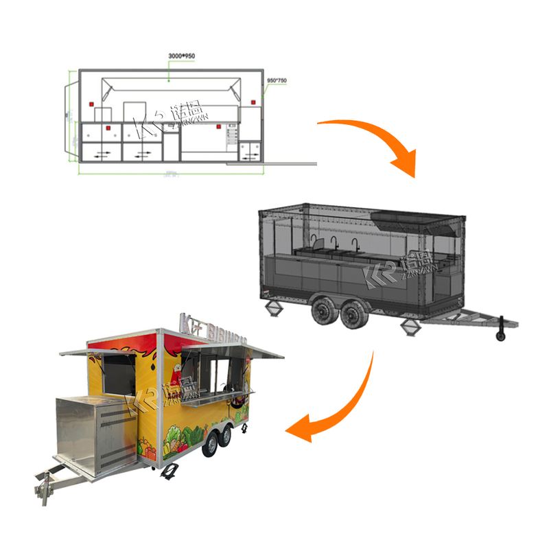 4m square food trucks with customized logos and patterns for the whole truck Mobile Caravan Kitchen Food Trailer For Sale