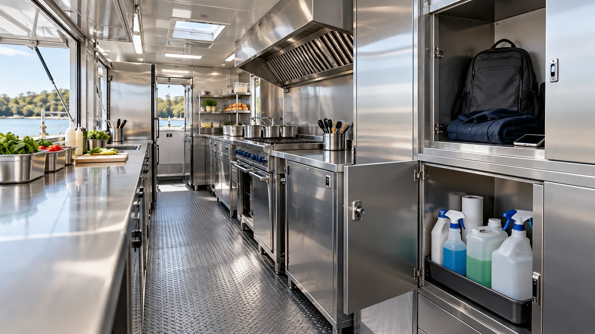 Where Should Chemicals and Personal Items Be Stored in a Food Trailer?