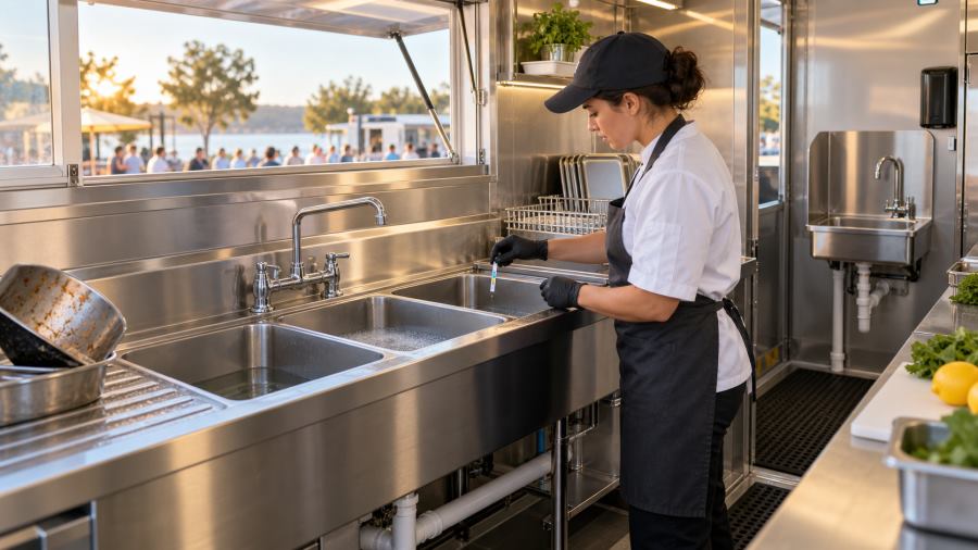 How Should a 3-Compartment Sink Sanitizing Station Be Designed in a Food Trailer?